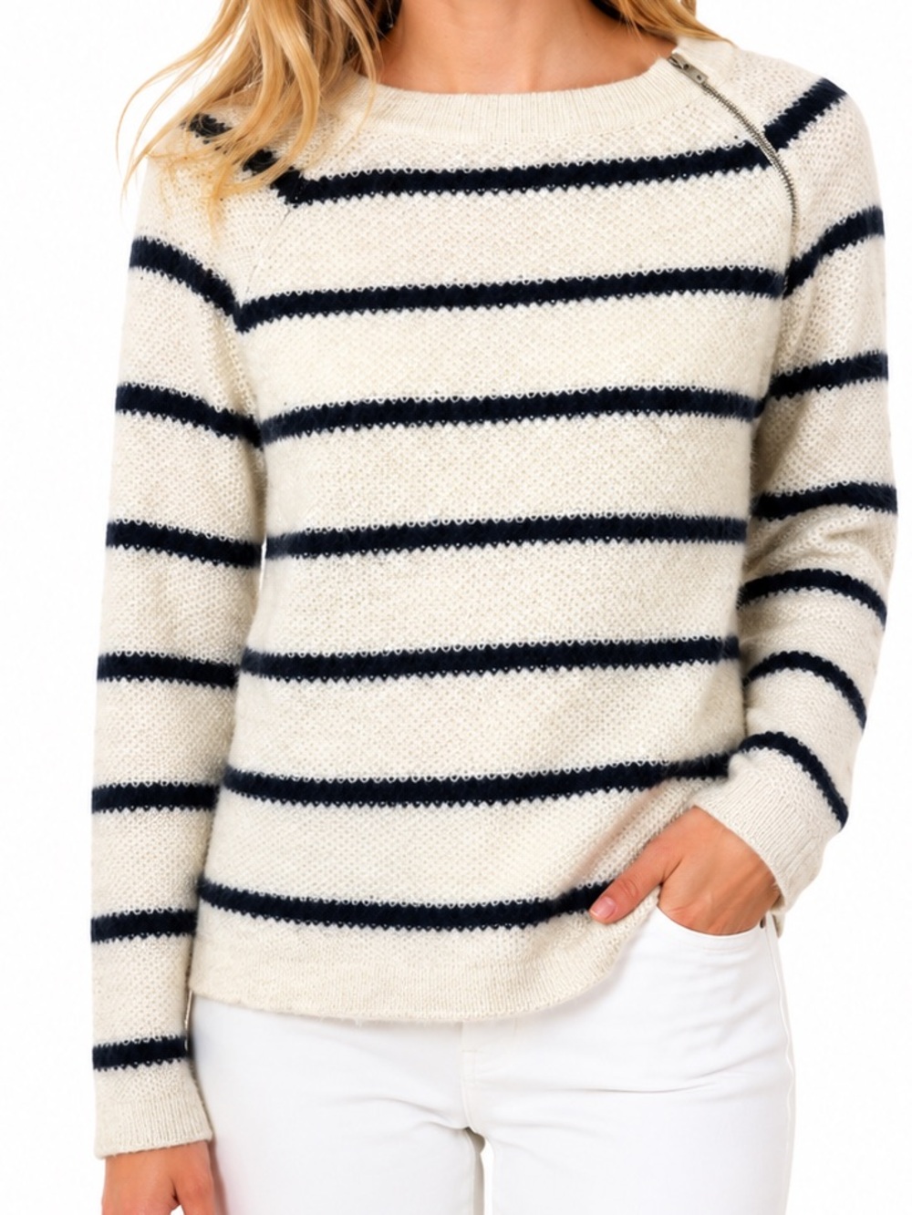 Abercrombie & Fitch Knit Zipper Shoulder Sweater Black & White Stripes Size XXS